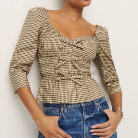 Reformation Tops - NWT Reformation Lauryn Checkered Quarter Sleeve Bow Top Brown 8